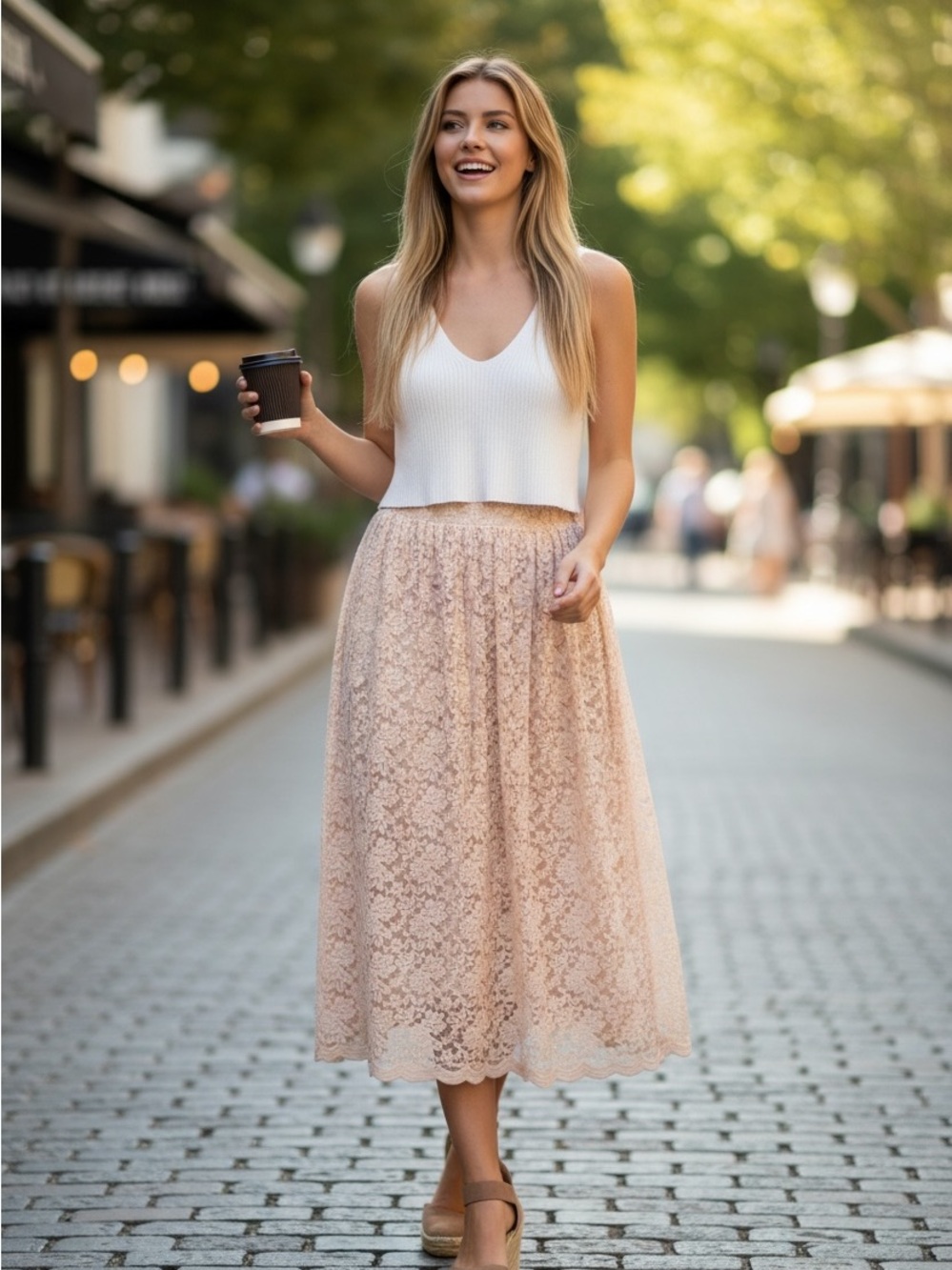 Vintage Cream Romantic Boho Coquette Floral Scalloped Lace Midi Skirt S/M